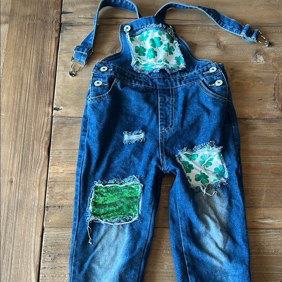 Green and Blue Patchwork Denim Overalls with Distressed Details - Picture 1 of 5